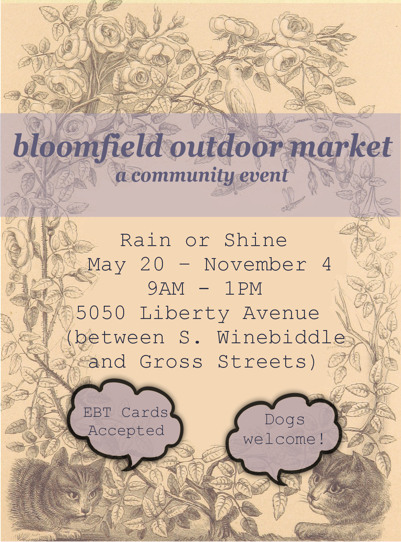a poster for Pittsburgh's Bloomfield farmers market, featuring two playful cats with speech bubbles